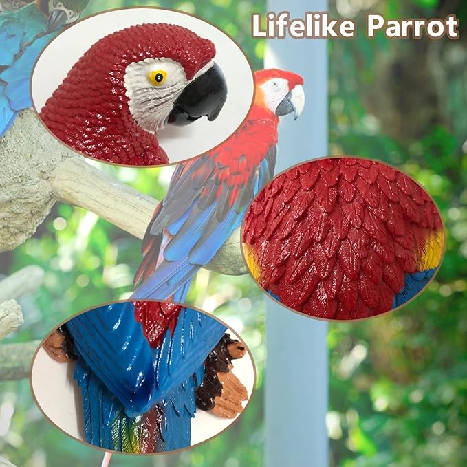 Parrot Decor Tiki Decorations for Outside Patio, Large Realistic Parrot Statues for Pool Deck Garden Yard Lawn, Lifelike Bird Sculpture Tropical Animal Figurines for Tree Wall Decor(Red)