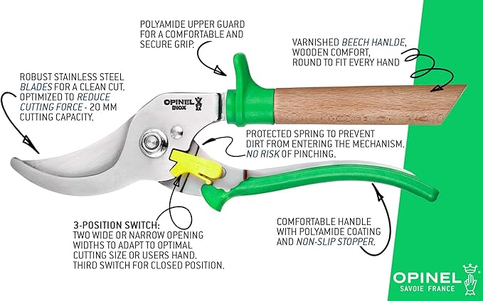 Opinel Hand Pruning Shears with non-slip beech wood handle perfect for bypass trimmers, garden, hedge, lawn clippers or hand scissors with stainless steel blade (Green)