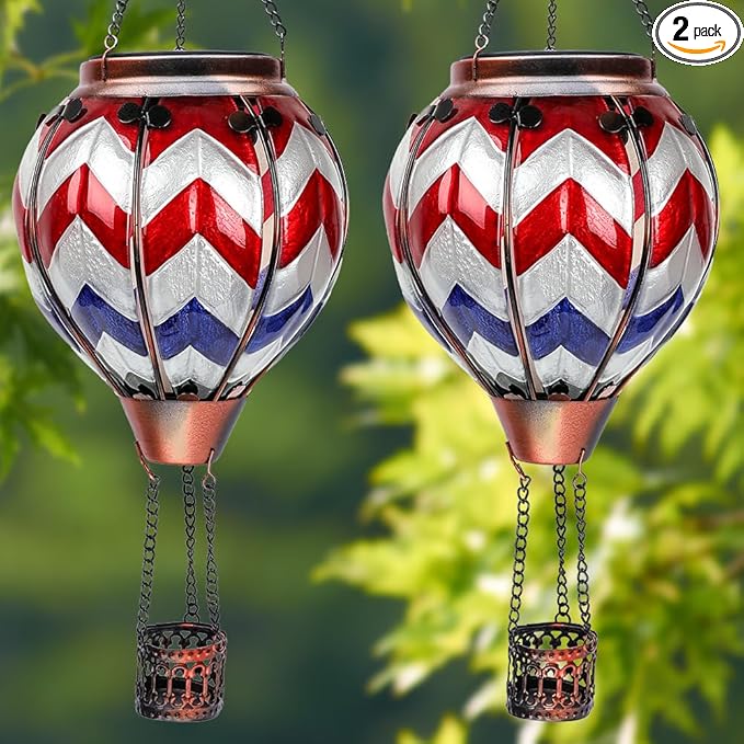 2PCS Solar Hot Air Balloon Lanterns with Flame with Shepherd's Hooks, Glass Hanging Flickering Lights Outdoor Waterproof for Garden Tree Yard Patio Mother's Day Gift, 18" H Wavy