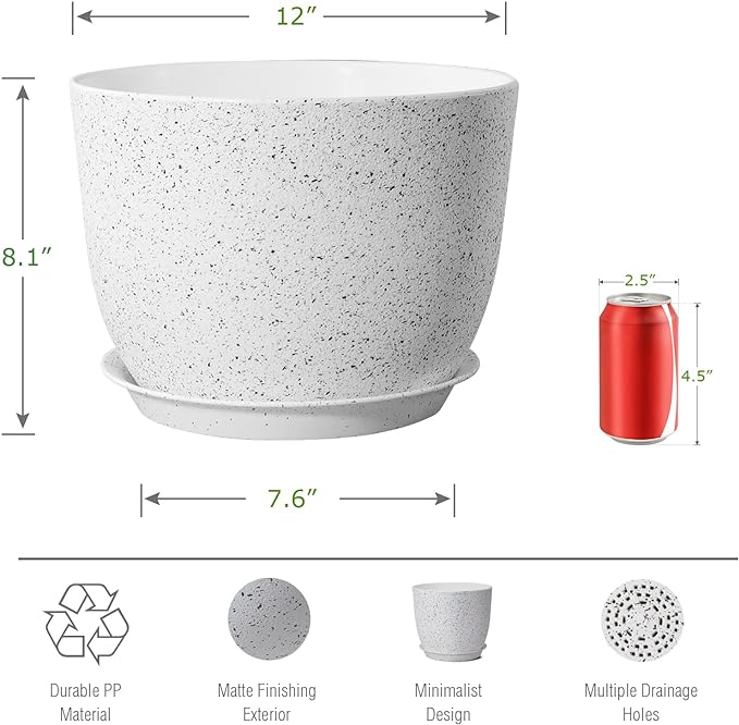 12inch Large Plant Pot, Modern Plastic Planter with High Driange Holes and Saucer for Indoor Outdoor Garden Plants and Flowers, White Speckles