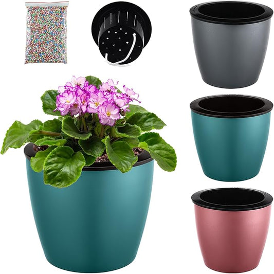 Planterhoma 6.7 Inch Self Watering Pots for Indoor Plants, 3 Packs African Violet Pots with Black Wick Pots, Self Watering Planters for Devil's Ivy, Indoor Plant Pots, Silver/Blue/Rose Gold