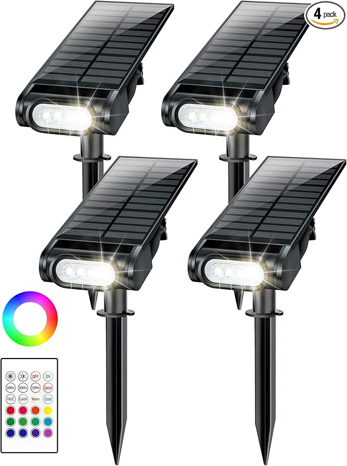 Solar Spot Lights Outdoor Waterproof IP67, RGB Landscape Lighting with Remote & Timer, Color Changing Solar Uplights Outdoor for Trees, Garden, Yard, and Pathway (4 Pack)