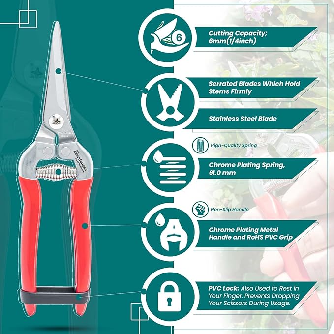 Gardeness Pruning Shear Straight Pruning Snip 2PCS Stainless Steel Florist Scissors, Multi-Tasking Precision Hand Pruner Herb Snips Flower Clippers Bonsai Trimmers Ergonomic Handle Garden shear