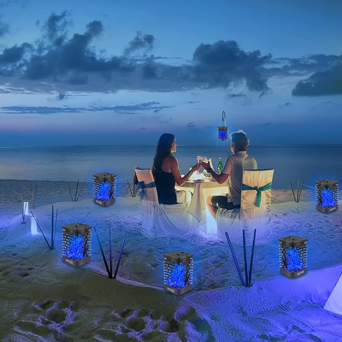 EOYIZW 99 LED Solar Lantern Flickering Flame Lights - 2 Pack Waterproof Garden Lights for Patio Yard Porch Lawn Decorations - Blue Solar Lanterns