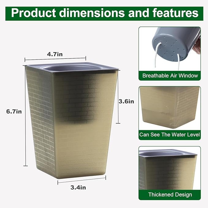 Self Watering Planter 2 Pieces 6 Inch, Plastic Flower Pots with Inner Pot Indoor Plants Brick Pattern Flowerpot for Indoor Plants, African Violets, Flowers, Herbs (Brown)