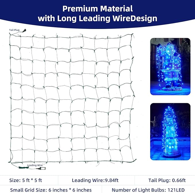 Led Net Lights Christmas Lights Outdoor Blue Christmas Net Lighting with 121Led Mini Globe Lights 5ftx5ft, Outdoor Indoor Fairy Mesh Net Lights for Christmas Trees, Bushes, Shrubs Decorations