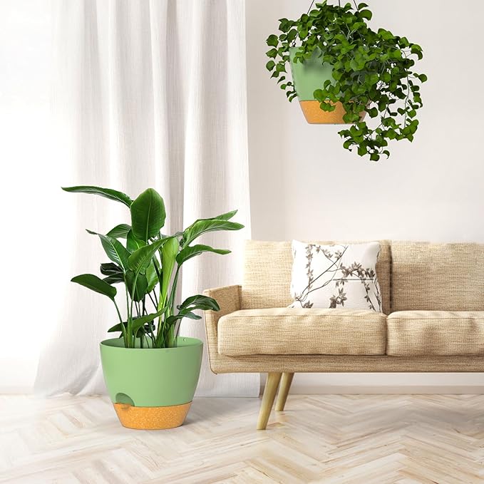ZMTECH 12 Inch Hanging Planters for Indoor Outdoor Plants, 2 Pack Self Watering Hanging Plant Pots with Drainage Hole, Visual Reservoir, Plastic Flower Hanging Pots with Watering Lip (Green)