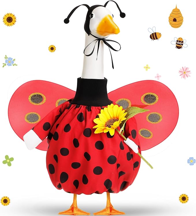 Spring Ladybug Goose Outfit Lawn Porch Goose Clothes with Ladybug Wings Sunflower Goose Outfit for 23" Goose Spring Valentine's Day Outdoor Patio Yard Lawn Art Decoration
