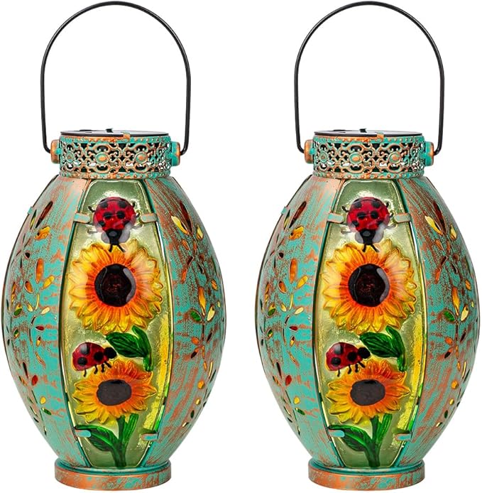 2 Pack Sunflower Solar Lantern,Retro Solar Lanterns Outdoor Waterproof,Stained Glass & Metal Hanging Solar Lantern,LED Tabletop Lamp Solar Lights,Sunflower Outdoor Solar Lanterns for Pathway