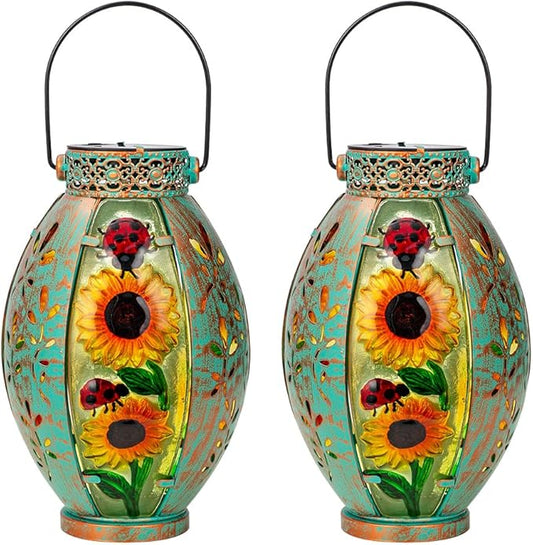 2 Pack Sunflower Solar Lantern,Retro Solar Lanterns Outdoor Waterproof,Stained Glass & Metal Hanging Solar Lantern,LED Tabletop Lamp Solar Lights,Sunflower Outdoor Solar Lanterns for Pathway