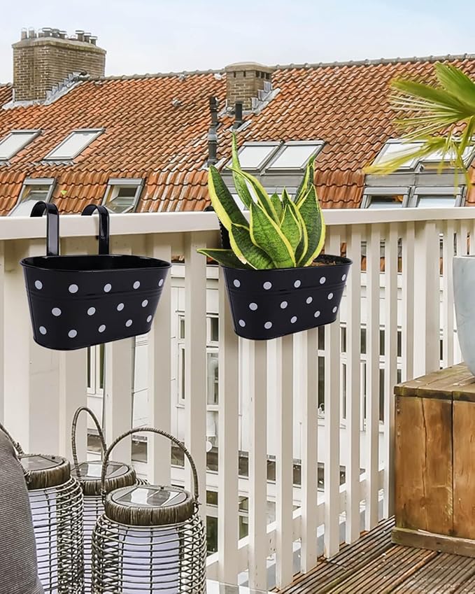 vensovo Metal Railing Planter for Outdoor Plants - 3 Pack Balcony Hanging Flower Pots with Detachable Hooks and Drain Holes Oval Bucket Rail Box Fence Planters for Home Garden Decor, Black with Spot