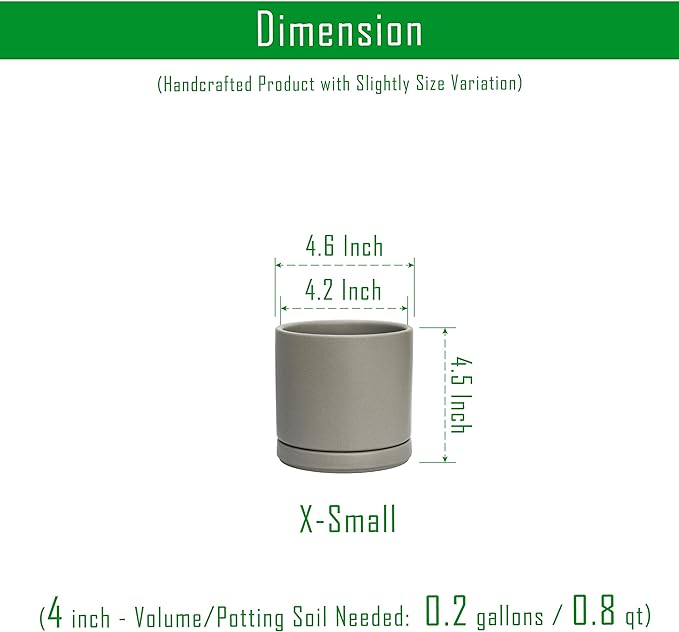 D'vine Dev Ceramic Planter Pot with Drainage Hole and Saucer, Indoor Cylinder Round Flower Pot, 4.6 Inch, Grey, 94-O-B-3