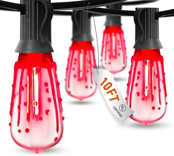 10Ft Halloween LED String Lights Outdoor with 10 ST40 Red Blood Drop Lights, UL Listed Connectable Halloween Patio Lights Set for Indoor Outdoor Backyard Garden Halloween Christmas Party Decor