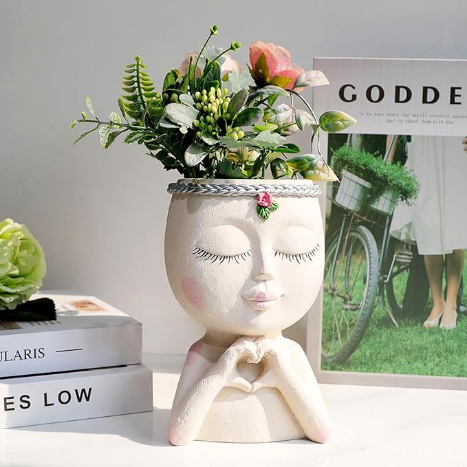 Meltset Face Planters Pots Head Unique Face Flower Pot Head Planter for Indoor Plants Cute Small Succulent Pots Indoor Plant Pot with Drainage (White)
