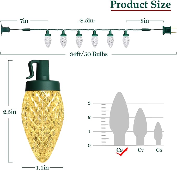 C9 LED Christmas Lights, 34FT 50 Bulbs Outdoor Christmas Decorations for House Waterproof String Lights Extendable Green Wire Fairy Lights for Patio Xmas Garden Party Wedding Holiday Indoor Warm White