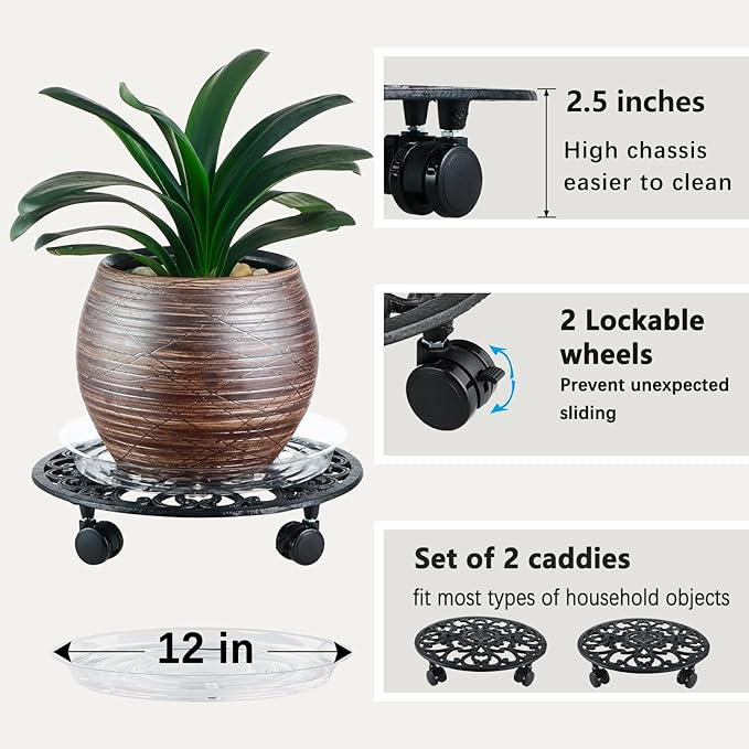 2 Packs 14 Inch Rolling Plant Stand with Wheels Metal Plant Caddy with Wheels Heavy Duty Round Plant Stand Indoor Iron Plants Rollers for Plants, Plant Dolly with Plant Saucers
