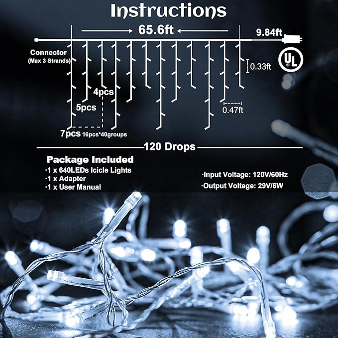 Icicle lights Outdoor - 66ft Christmas Lights with 640LED 120 Drops 8 Modes, Plug in Curtain String Lights Waterproof for Holiday Wedding Party Home Garden Bedroom Indoor Outdoor Decoration,Cool White