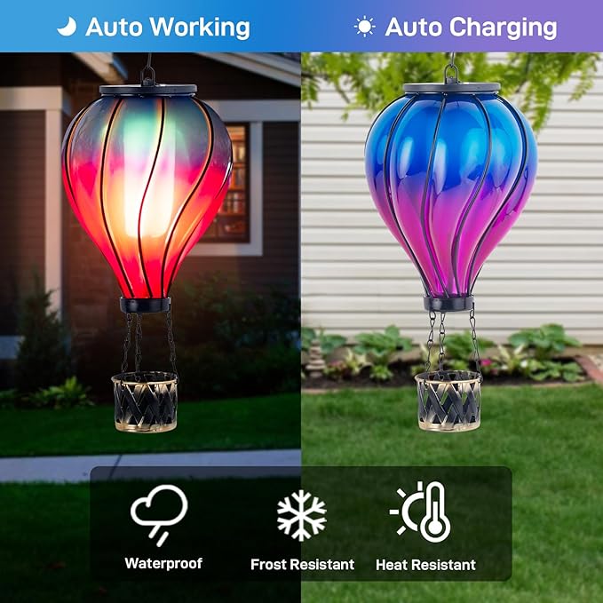 Starsoul Glass Hot Air Balloon Solar Lantern with Flickering Flame Light Blue & Purple Solar Powered Hot Air Balloon Lamp Waterproof Hanging Solar Lantern for Garden Yard Patio Porch Decor