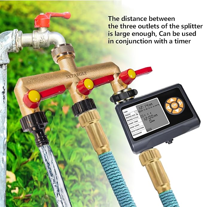 Brass Garden Hose Splitter,3 Way Hose Splitter with 3 Extension Handles, GHT 3/4”Outdoor Faucet Diverter for Irrigation System with Extra 1 Filter Rubber Washers 3 Quick Connectors 1 Tape