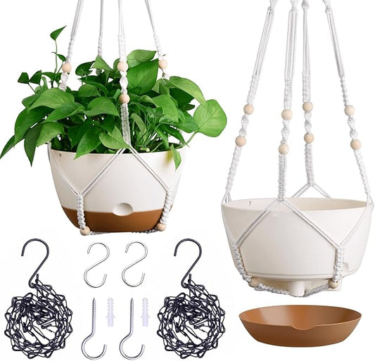 Set of 2-8 Inch Hanging Planters for Indoor Plants with Self-Watering Includes Hanging Pots for Plants, Outdoor Hanging Plant Pot with Drainage, and 2 Types of Hanging Baskets Hangers (White)