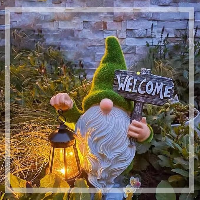 Garden Gnome Statue Outdoor Decor Large Flocked Resin Gnome Figurine with Solar Light Holding Lantern Welcome Sign Garden Yard Decorations Dwarf Sculpture for Outside Patio Porch Lawn Decor.