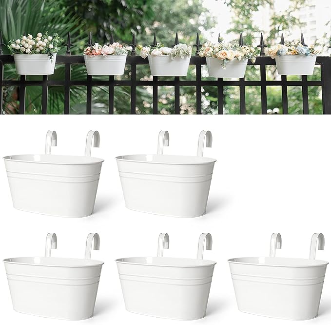 Dahey Metal Iron Hanging Flower Pots for Railing Fence Outdoor Planters Hanging Bucket Pots Countryside Style Window Flower Plant Holder with Detachable Hooks Home Decor,White,5 Pcs