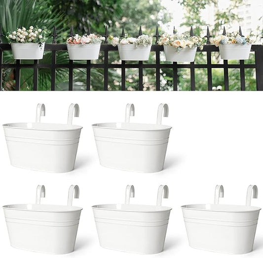 Dahey Metal Iron Hanging Flower Pots for Railing Fence Outdoor Planters Hanging Bucket Pots Countryside Style Window Flower Plant Holder with Detachable Hooks Home Decor,White,5 Pcs