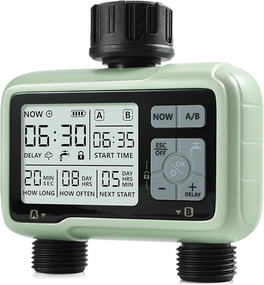 CROSOFMI Water Timer for Garden Hose,Sprinkler Timer with Rain Delay/Manual Watering/Automatic Irrigation Controller System - Water Hose Timer Programmable Faucet Timer for Yard Lawn,2 Outlet