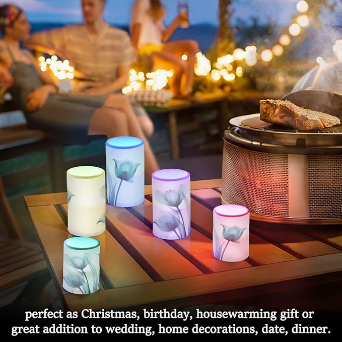 Flickering Flameless Candles, Blue Tulip Flower LED Candles with Remote Timer, Set of 2 Battery Operated Candle for Valentine Wedding Birthday