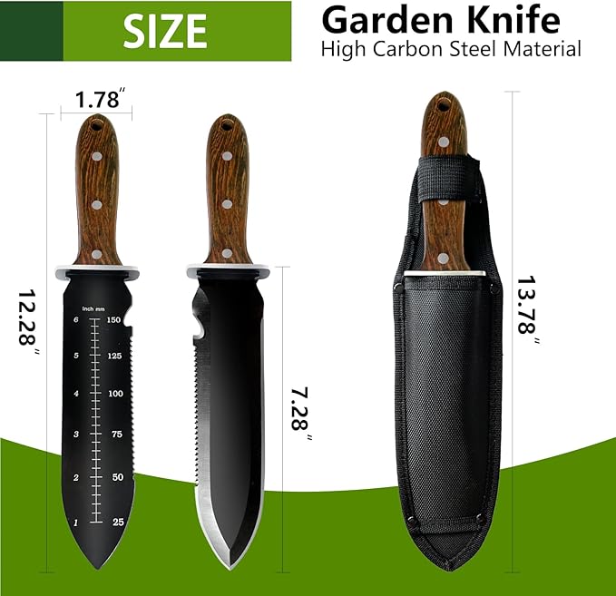 Hori Hori Garden Knife + Oxford Sheath, Gardening Hand Tool Weeding Knife for Weeding Planting Digging, Inch Markings, Serrated Edge Blade, Guard Plate, Metal Rivet Wooden Handle, Hanging Hole