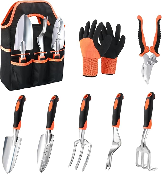 Garden Tools Set, 8 Piece Gardening Tools Set with Non Slip Ergonomic Handle, Heavy Duty Garden Tool Set with Storage Bag, Gardening Kit for Women, Gardening Hand Tools Gift for Women and Men, Orange