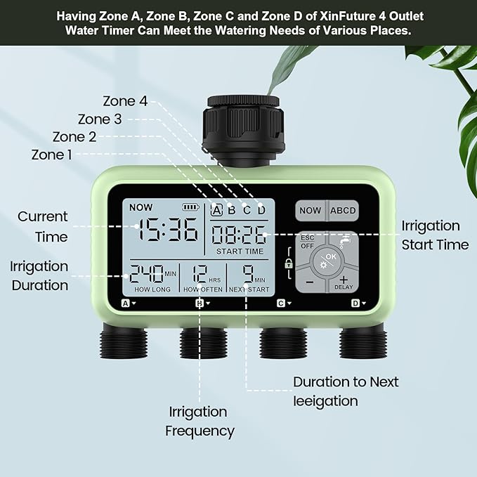 4 Outlet Sprinkler Timer, XinFuture Water Timer, Programmable Garden Hose Timer with Rain Delay, Manual& Automatic Watering System, Waterproof Digital Irrigation Timer for 4 Separate Water Zones