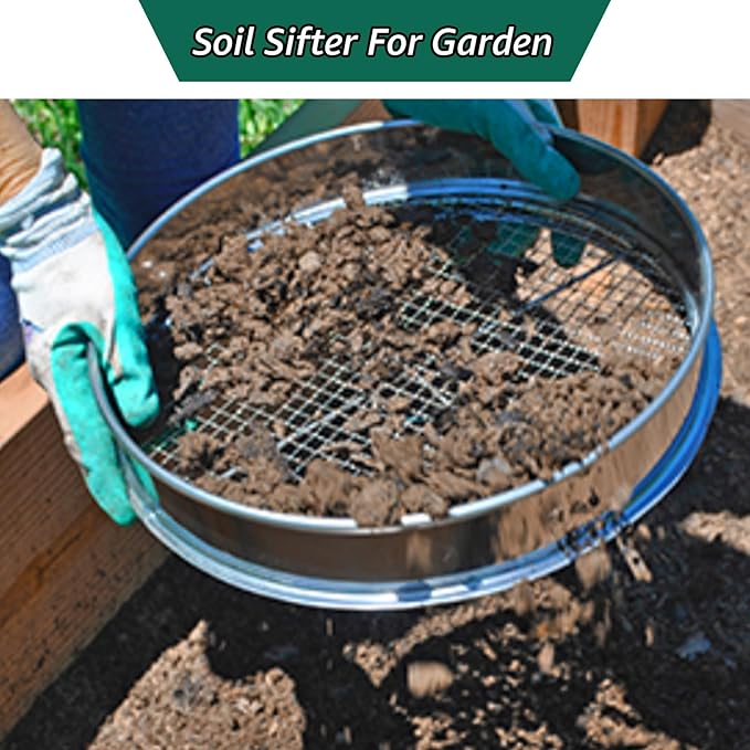 2 Pcs 12 Inch Soil Sifter for Gardening, Gardening Soil Compost Sifter, Stainless Steel Soil Sieve, Mesh Screen Dirt Sifter for Dirt,Sand,Rock,Filtration Compost Bonsai Gardening Tool (10mm)