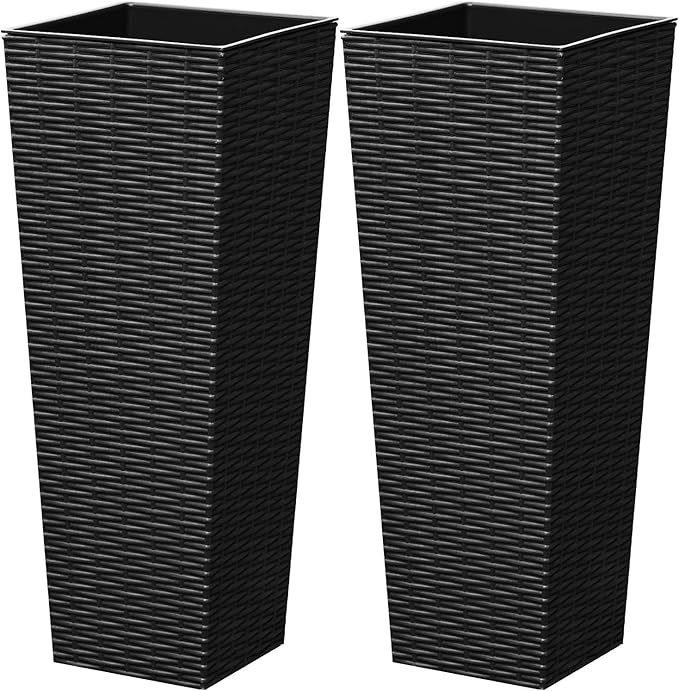 Greesum 24 Inch Tall Plastic Planters with Rattan Texture – Set of 2, Detachable Inner Pot & Drainage Holes, Indoor/Outdoor Decorative Flower Pots for Large Plants, Trees, Patio, and Garden, Black