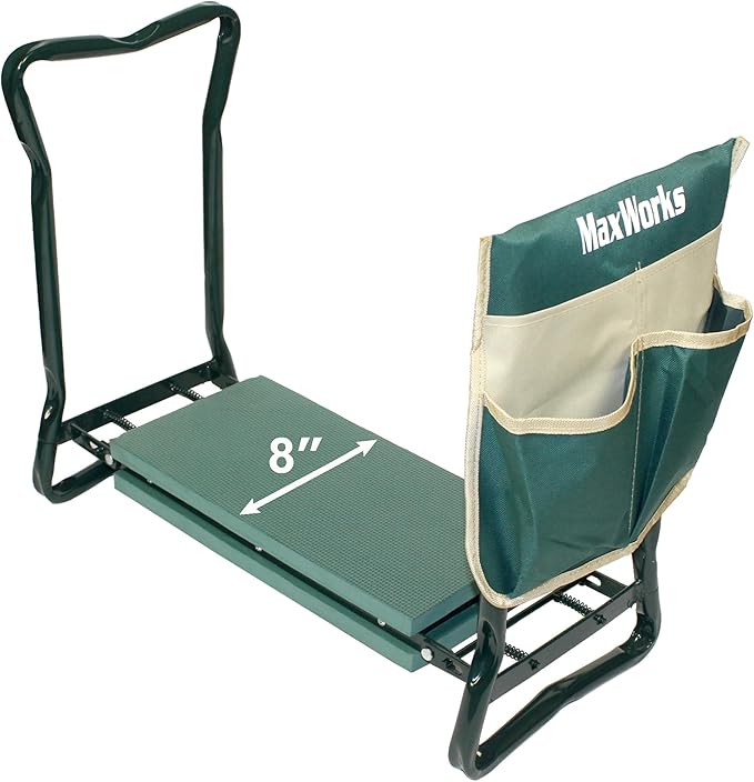 MaxWorks 50921 Folding Garden Kneeler Stool with 8 inch Wide Kneeling Pad, with 1 Tools Pouch for Planting and Gardening