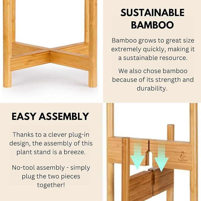 Fox & Fern Bamboo Plant Stand — 14.9 Inch Fixed Size Wooden Mid Century Planter Stand for Indoor Plants; Extra Large Flower Pot Holder for Indoor Big Pots; Plug In Design; Two Height Options - Bamboo
