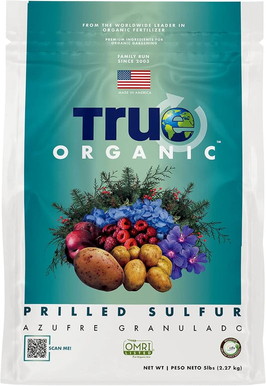True Organic Prilled Sulfur – Organic Fertilizer for Better Plant Growth, Flowers, Vegetables, and Herbs – Lowers Soil pH – 5lb Bag Covers 1,333 Sq. Ft.