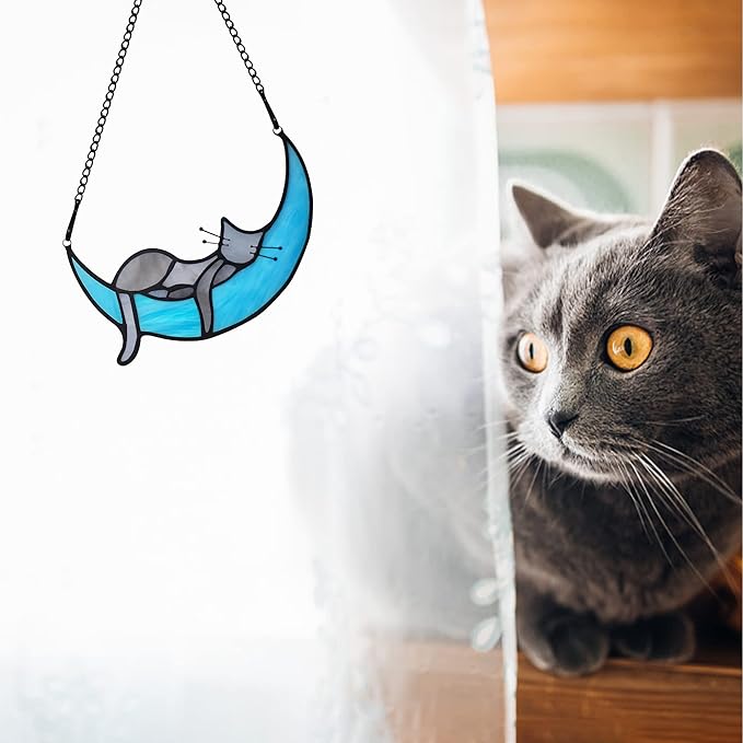 BOXCASA Sleeping Cat Stained Glass Windown Hanging,Grey Cat on Moon Beautiful Handcrafted Sun Catcher Gifts for Daughter,Mothers Day,Christmas and Cat Lover
