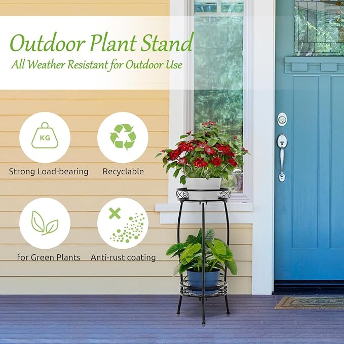 H HOMEXIN Plant Stand Indoor Outdoor, 2 Tier Tall Metal Plant stand 27 " Plant Holder Rack Heavy Duty Rustproof Decorative Plant Shelf for Corner Garden Balcony Patio Lawn office