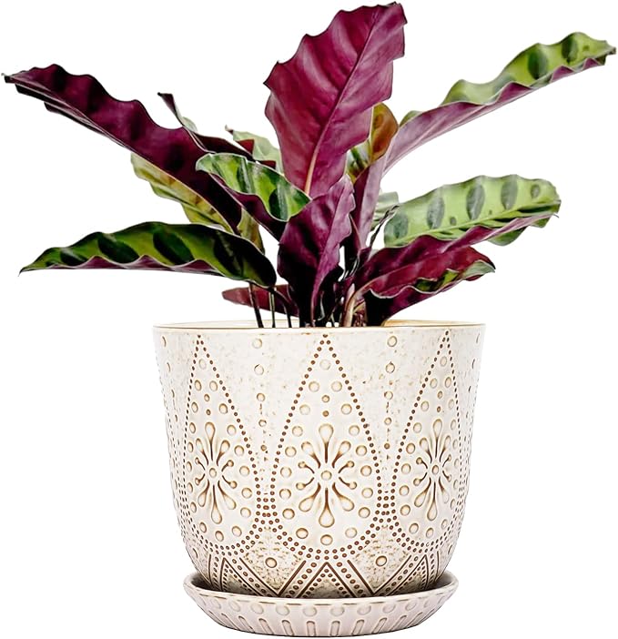 Gepege 8 Inch Plant Pot, Creamy White Ceramic Planter with Drainage Holes and Saucers for Plants Indoor and Outdoor Flower Pot