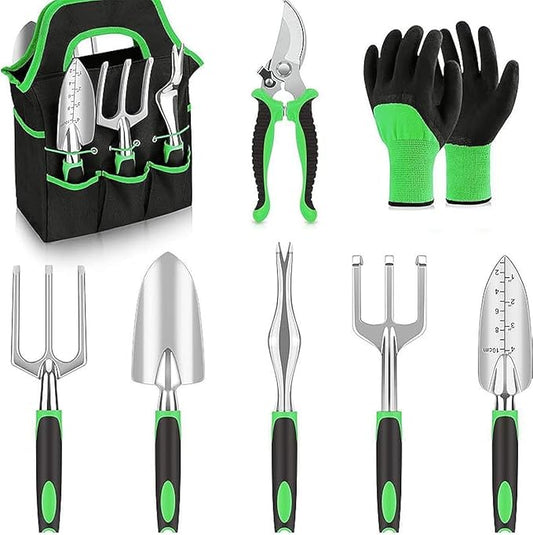 Garden Tool Set with Non Slip Rubber Grip,8 Piece Aluminium Gardening Tool Sets,Outdoor Hand Tools Durable Storage Tote Bag,Uprooting Weeding Tool Gardening Gifts for Women and Men
