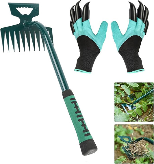 Weeding Artifact Uprooting Weeding Tool Claw Gloves Kit, 11 Teeth Dual Purpose Weed Puller, for Yard Farm Gardening Hand Weeder(11-Tooth)