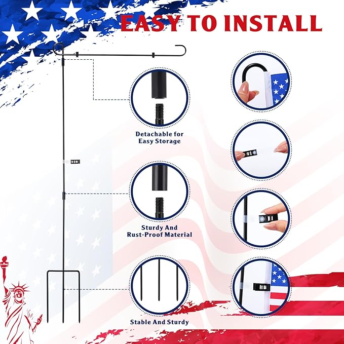 Therwen 12 Pack Garden Flag Stand 36.2 x 16.5 Yard Flag Holder Heavy Duty, with 3 Prong Base, Decorations,with Clip Spring Stoppers for Outdoor Garden Yard Lawn