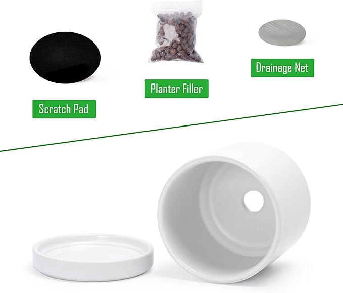 D'vine Dev Set of 4 Small Ceramic Plant Pots, 3.5 Inch Succulent Planter Pot for Plants with Drainage Hole and Saucer, White, 94-X-A-1