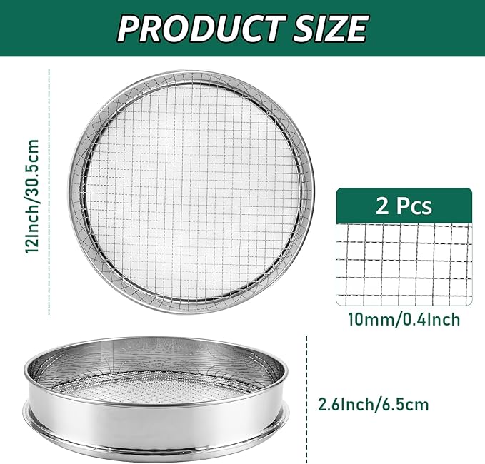 2 Pcs 12 Inch Soil Sifter for Gardening, Gardening Soil Compost Sifter, Stainless Steel Soil Sieve, Mesh Screen Dirt Sifter for Dirt,Sand,Rock,Filtration Compost Bonsai Gardening Tool (10mm)