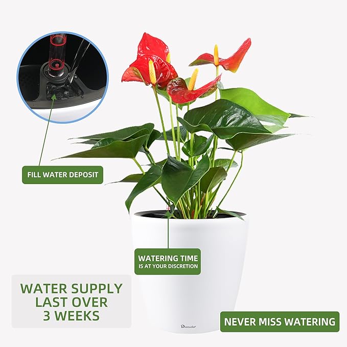 Dexceder 18x17 Self Watering Planter with Wheels Indoor Outdoor, Inner Pot Design, Thickened Large Floor Standing Flower Plant Pot with Water Level Indicator (White Matte)