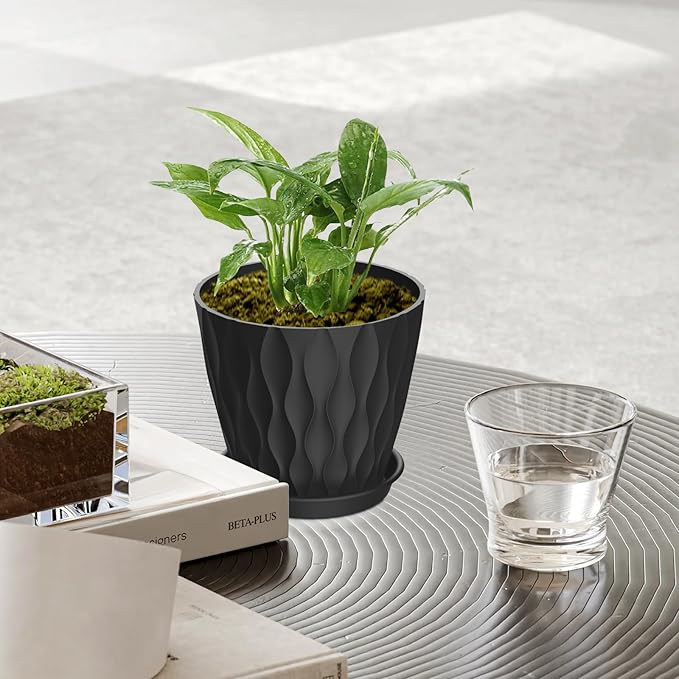 6 Pack 4 Inch Small Plant Pots with Saucers, 3D Textured Plastic Planters with Drainage Holes for Indoor and Outdoor Plants, Flowers, Herbs, Succulents, and Seedlings,Blue