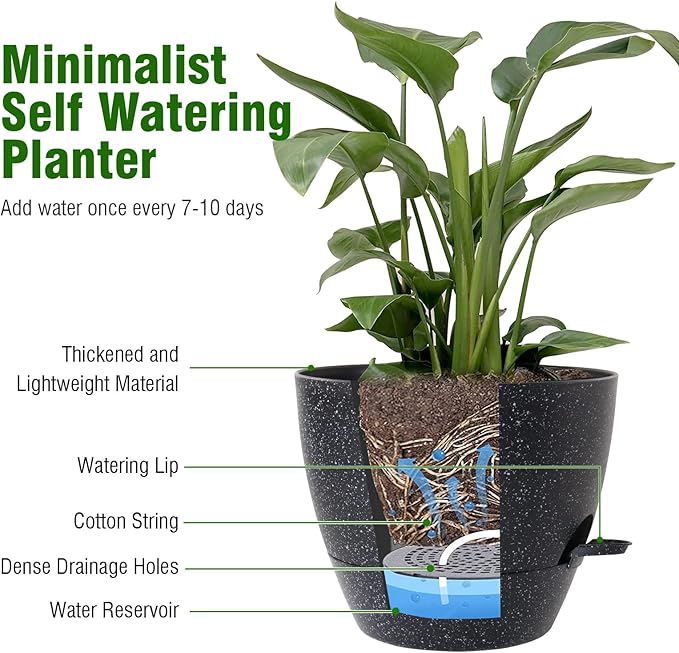 12 inch Large Self Watering Pots, Planter, Plant Pots with Mesh Drainage Holes for Indoor Outdoor House Plants and Garden, Plastic Flower Pots with Deep Reservoir, Speckled Black