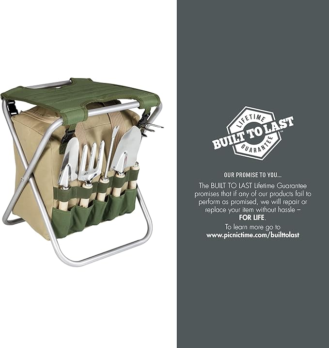PICNIC TIME Disney Winnie The Pooh Gardener Folding Seat with Tools, Folding Chair Seat with GardenTools Set Organizer, (Olive Green with Beige Accents)