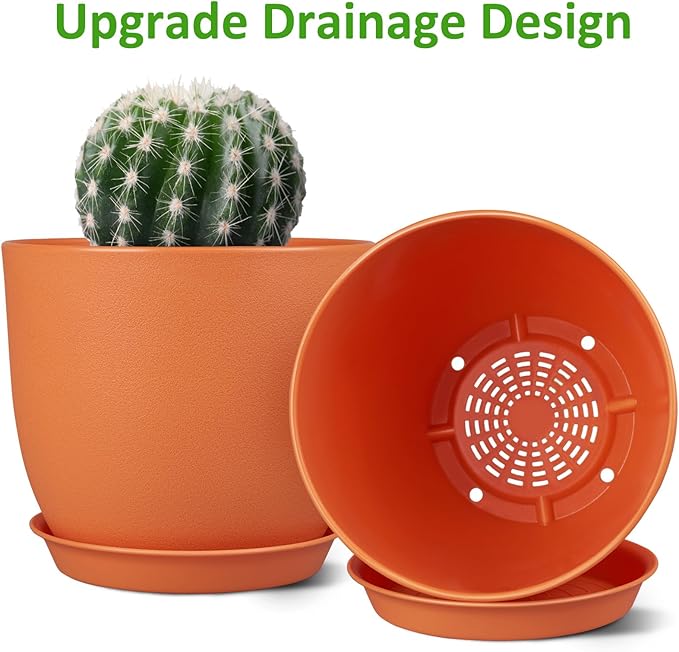 8 inch Plant Pots Set of 4 Pack, Plastic Planters with Drainage Holes and 4 Saucers, Morden Decorative Creation Flower Pots for Indoor & Outdoor Garden House Plants, Orange